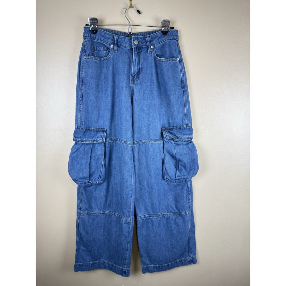 Wild Fable Women’s Mid Rise Baggy Cargo Jeans Blue Denim Wide Leg Utility Size 2